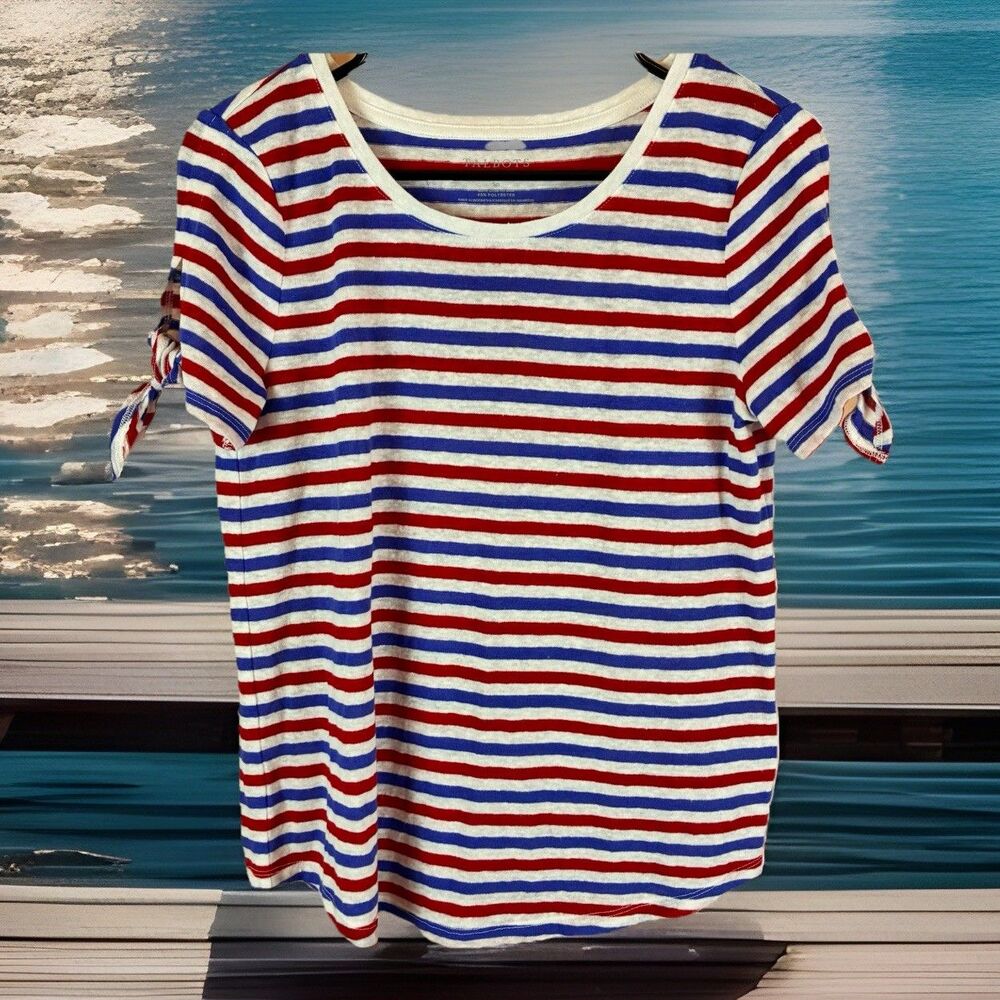 Talbots Women’s Small Petite Red, White And Blue Striped Linen Blend Top